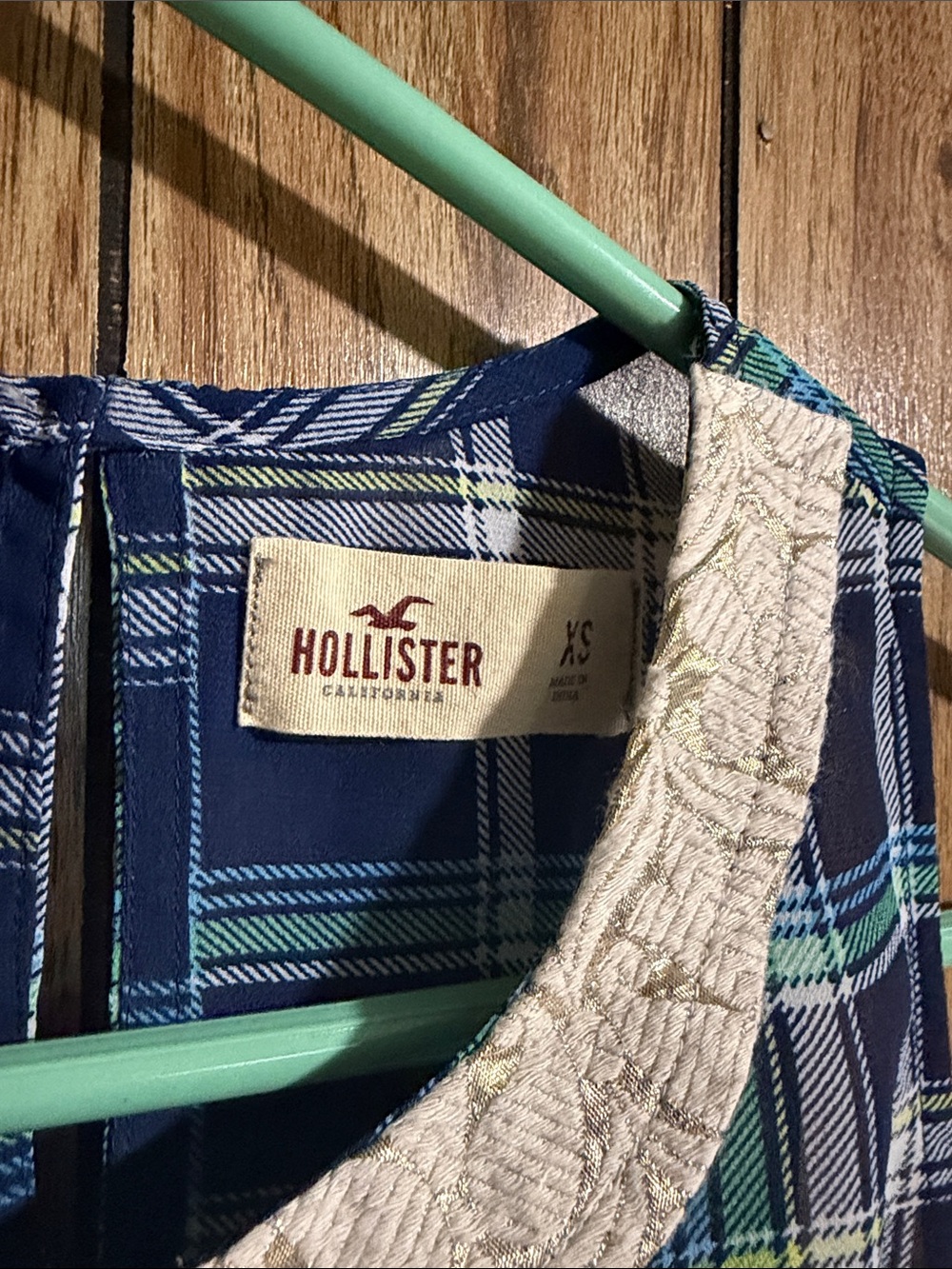 Hollister Navy Plaid Peplum Top with Lace Collar - Picture 2 of 4